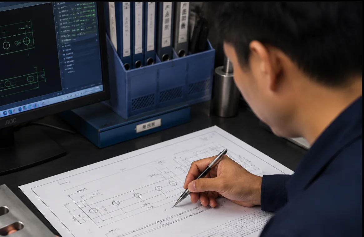 Sureay engineer marking up a custom blade technical drawing next to the CAD model on screen