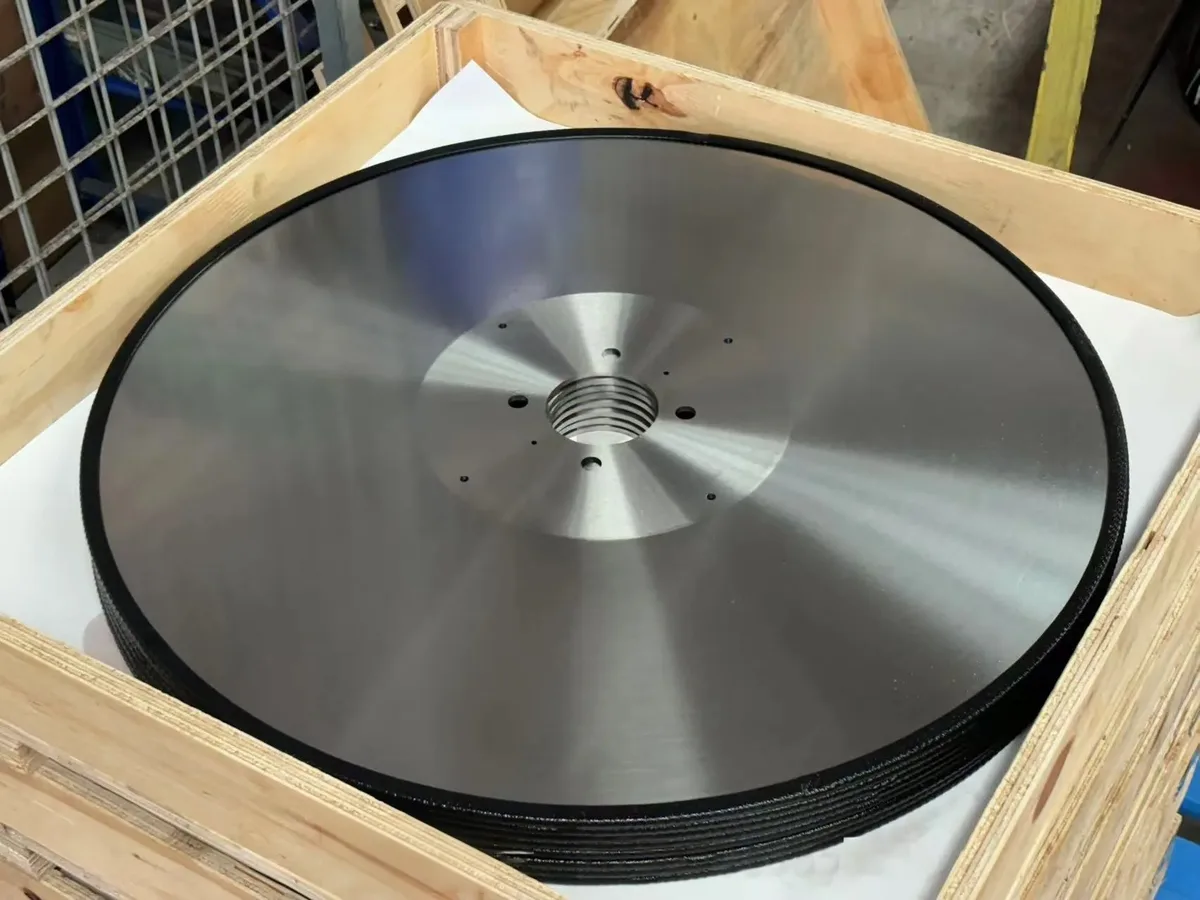 Ø610 mm D2 tissue log saw blade, mirror-polished face with drive pin holes
