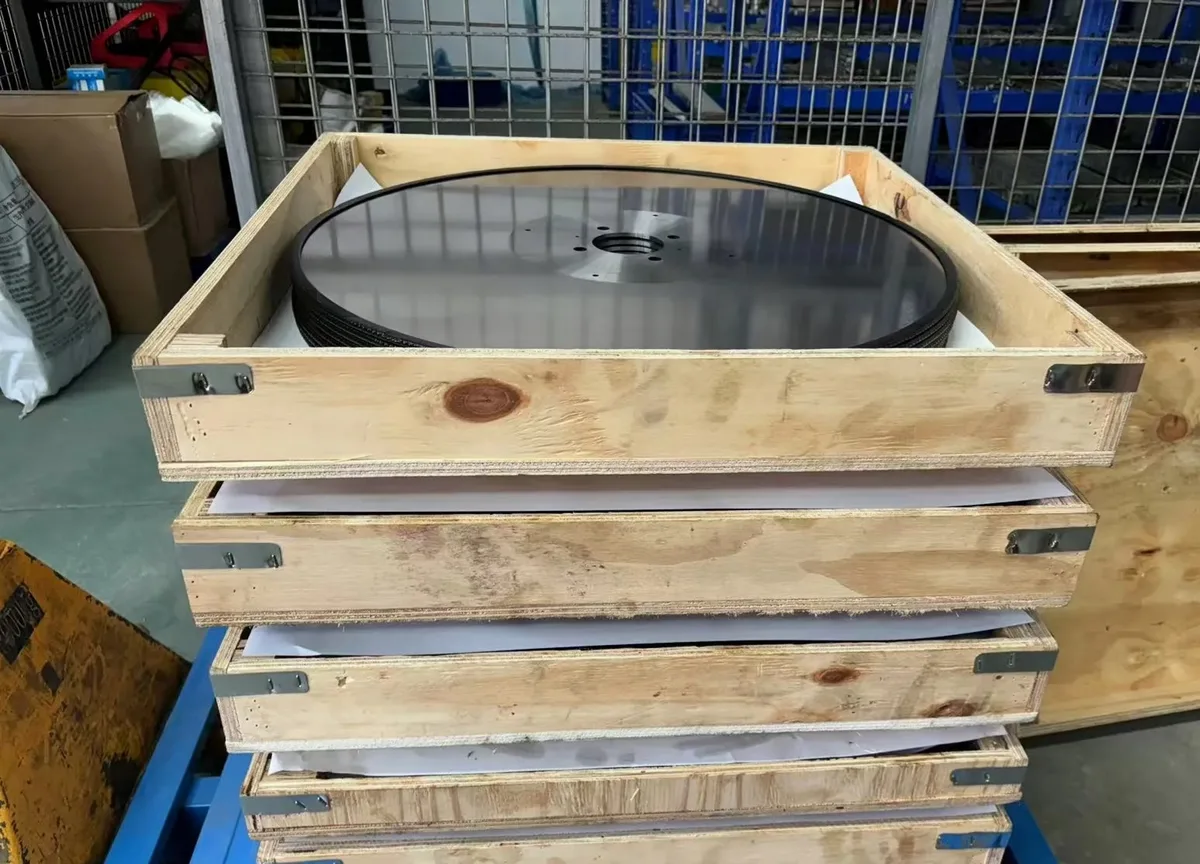 Tissue log saw blade packed in a wooden crate with edge protector before shipment