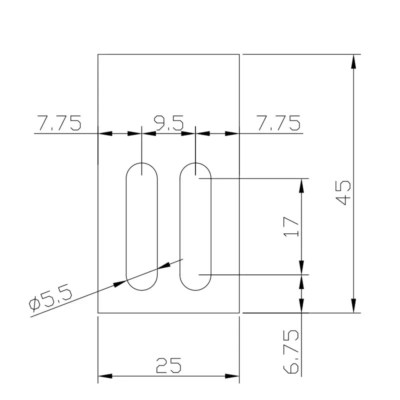 Straight body, twin slot — 45 × 25 mm, Ø5.5 slots