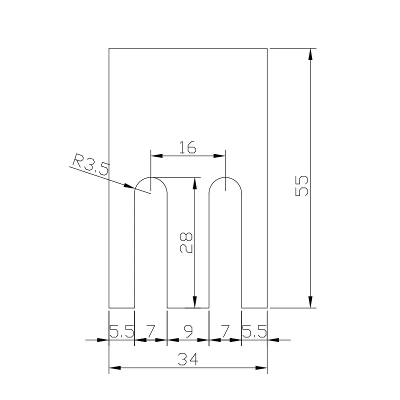 Forked, three open slots — 55 × 34 mm, R3.5