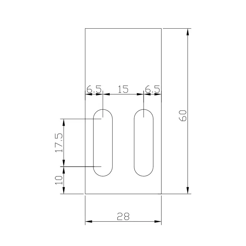 Straight body, twin slot — 60 × 28 mm, 15 mm pitch
