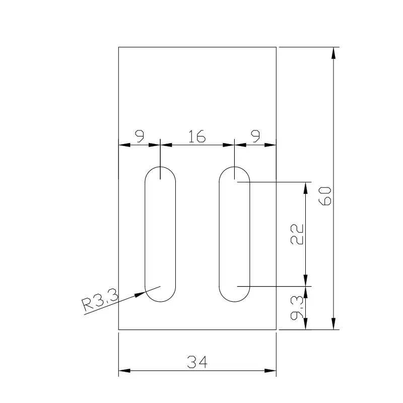 Straight body, long slot — 60 × 34 mm, R3.3