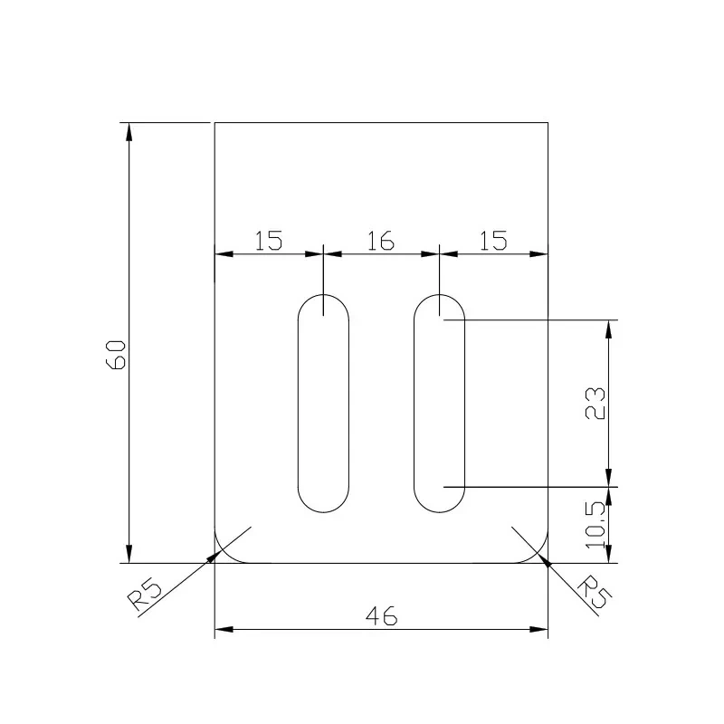 Wide body, centred slots — 60 × 46 mm, 16 mm pitch