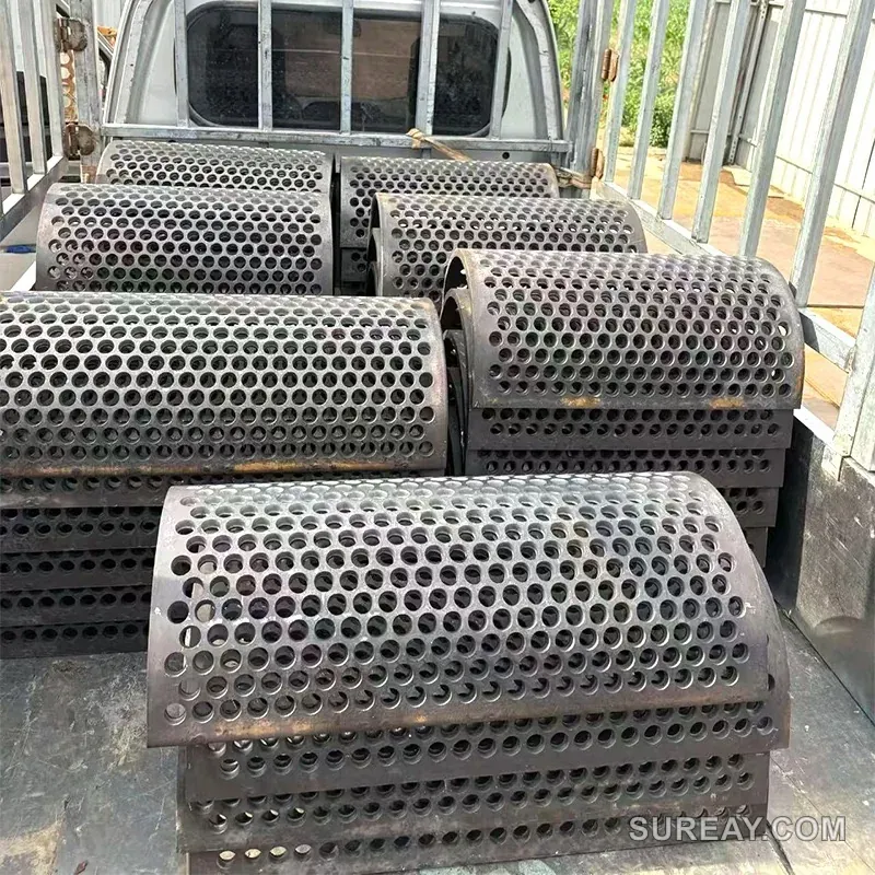 Batch of perforated shredder screen baskets prepared for export shipment